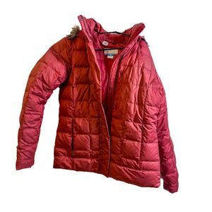 Columbia Puffer Jacket Women's Red Hooded Faux Fur Trim Down Filled Size L